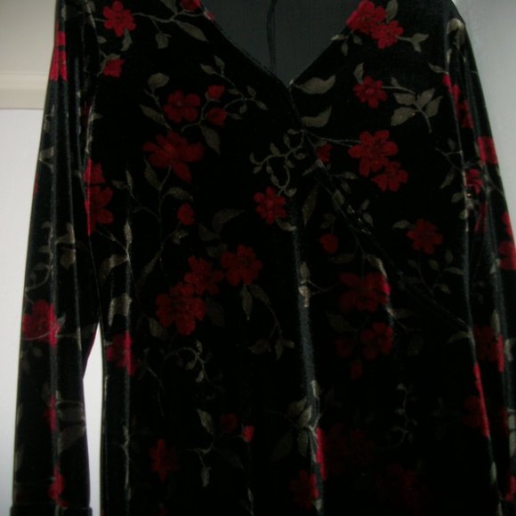 PAST ROMANCE VINT STRETCH VELVETEEN ROSES DRESS M - Picture 2 of 5